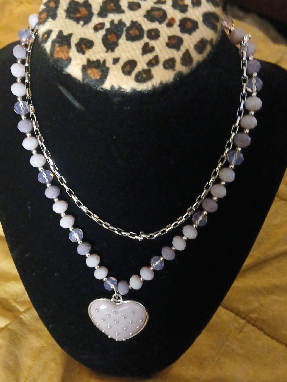 Heart Pendant Layered Necklace - Lavender Beaded Silver Chain